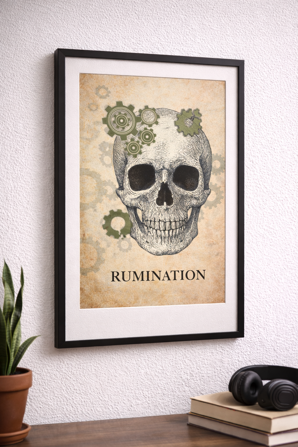 Rumination — Vintage Skull & Gears Psychological Art Print