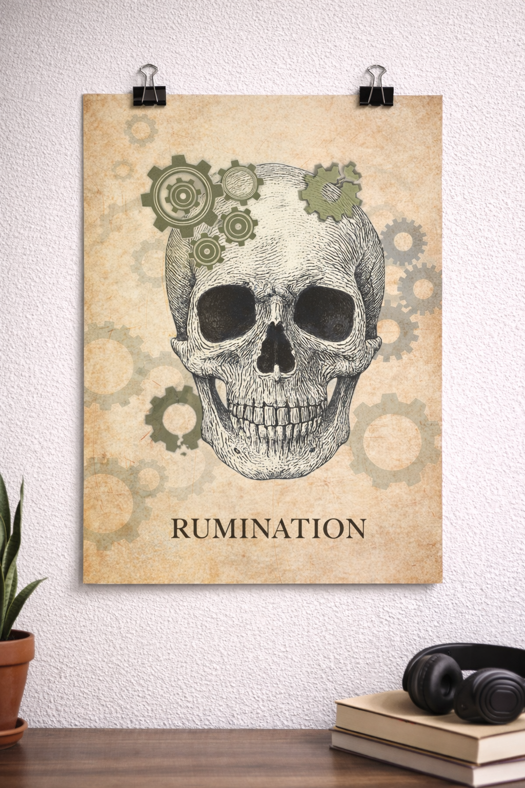 Rumination — Vintage Skull & Gears Psychological Art Print