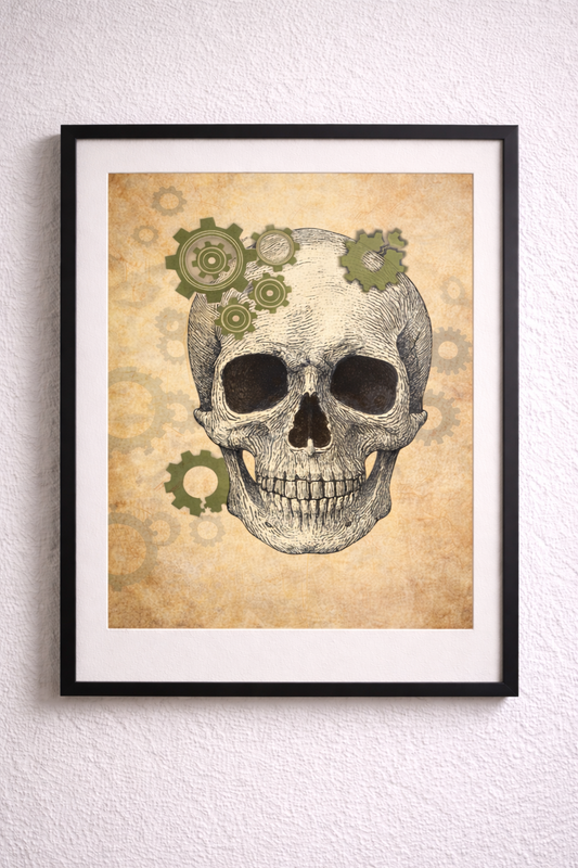Rumination — Vintage Skull & Gears Psychological Art Print